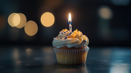 Wall Mural - A decorated cupcake with a lit candle, symbolizing celebration and joy.