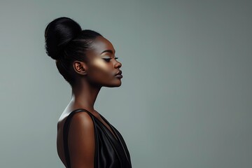 Woman Model Elegant Bun Formal Gown, Plain Silver Background, Portrait Shot, Full Body Shot, Formal Attire