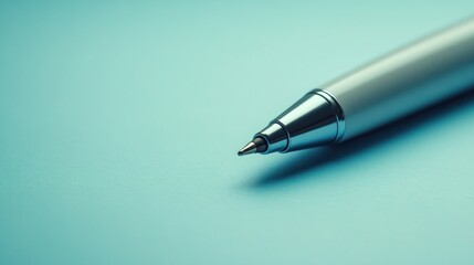 Sticker - A close-up of a silver pen resting on a smooth blue surface.