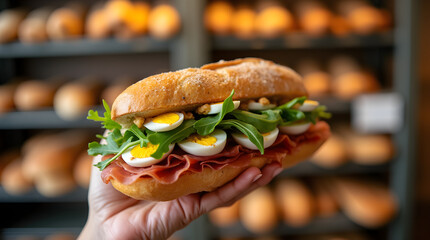 Fresh Sandwich with Eggs, Arugula, and Prosciutto in Hand