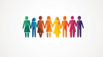 A group of diverse people icons holding hands, representing unity, equality, and teamwork in a vibrant color palette.