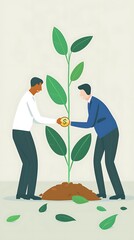 Two business man helping to grow plant with coin as leaf illustration, Growth, Investment