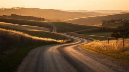 Serene winding road through rolling hills at sunset, showcasing natural beauty and tranquility.