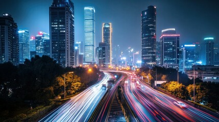 Poster - A vibrant city skyline at night with light trails from moving vehicles on a busy road.