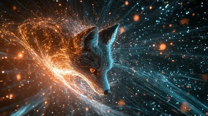 Wall Mural - A stylized fox head emerges from a burst of vibrant particles and light.