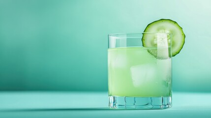 Sticker - A refreshing green drink with cucumber garnish served in a glass on a light background.