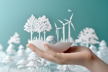 Wall Mural - Eco-conscious Paper Cut Hand Holding Planet with Trees and Wind Turbines - Environmental Responsibility Concept