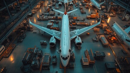 Aerial view of aircraft in a hangar surrounded by equipment and cargo.