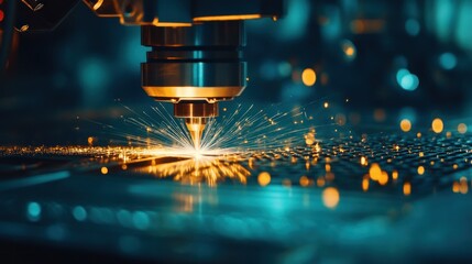 Poster - A laser cutting machine sparks as it works on a metal surface in an industrial setting.