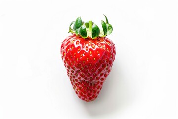 Wall Mural - Fresh strawberry with leafy stem on clean surface, perfect for food styling or decoration