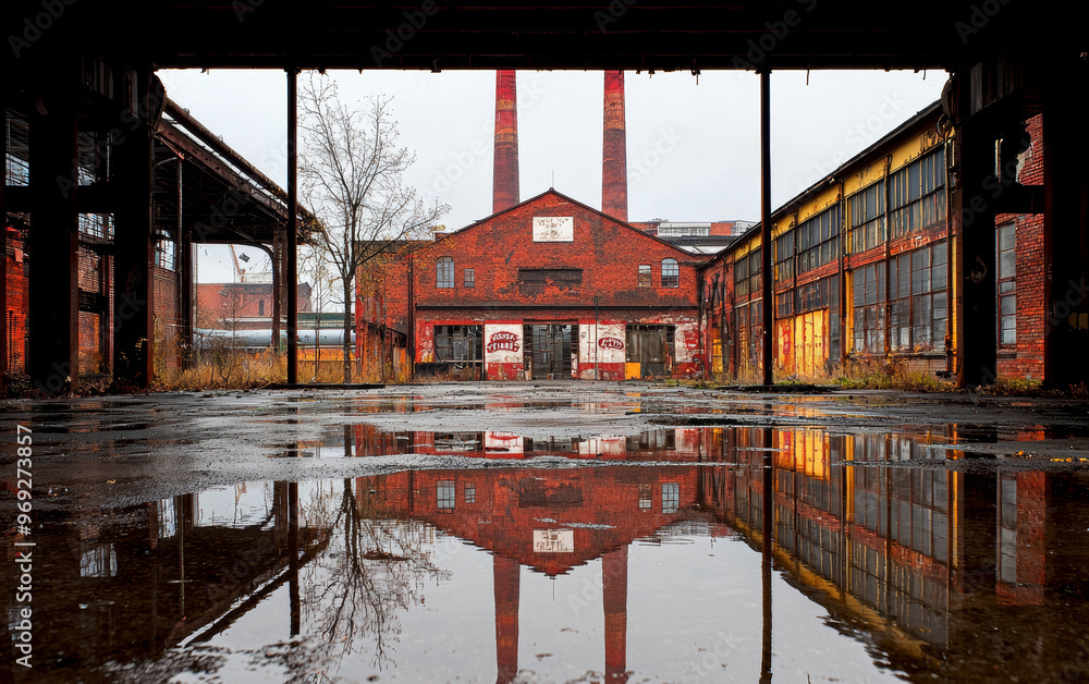 Echoes of Industry: A desolate factory, its red brick facade mirrored ...