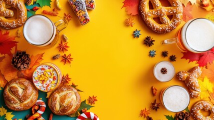 Autumn Beer and Pretzels Flat Lay with Copy Space