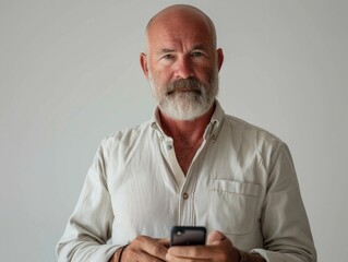 Wall Mural - Grey-haired man in a white shirt and casual pants posing for portrait