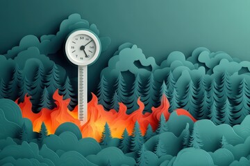 Wall Mural - Climate Change Awareness Concept: Paper Cut Thermometer Rising Next to Burning Forest Symbolizing Global Warming Effects