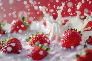 Wall Mural - A bowl of fresh strawberries with a splash of milk, perfect for a healthy snack or breakfast