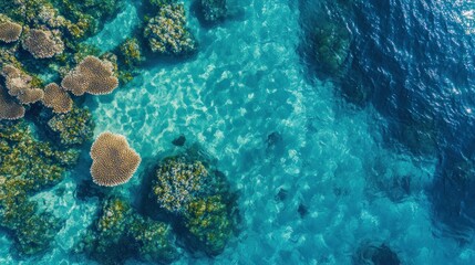 Aerial view of vibrant coral reefs in clear blue water.