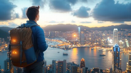 Wall Mural - Traveler standing on a hilltop with a panoramic view of a bustling city skyline, sunset reflecting on the buildings