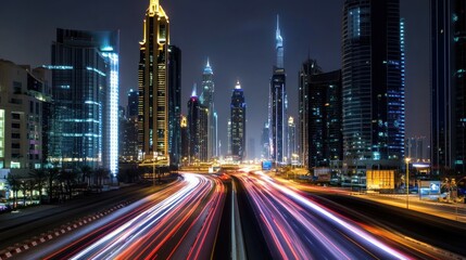 Sticker - Nighttime cityscape with illuminated skyscrapers and light trails on a busy road.