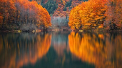 Poster - A serene autumn landscape with vibrant trees reflecting in calm water.