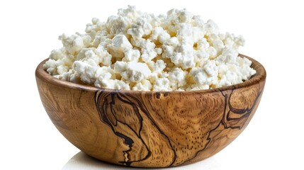 Poster - A wooden bowl filled with cottage cheese on a white surface