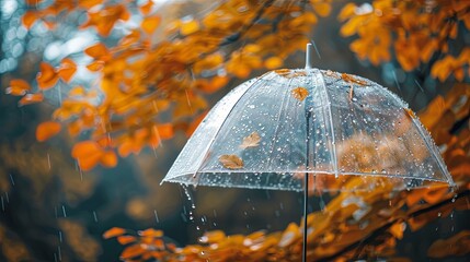  A clear umbrella in the rain set against a backdrop of autumn leaves