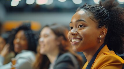 Canvas Print - A smiling woman sits among a crowd of people, possibly at an event or gathering