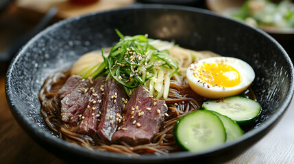 A beautifully plated Korean cold noodles (Naengmyeon) with thin buckwheat noodles in a chilled broth, topped with sliced beef, cucumber, and a boiled egg