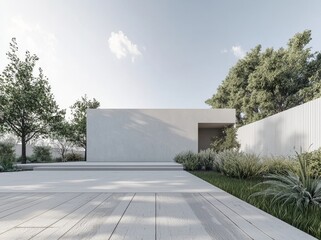 There is a wooden floor terrace in the garden, a white wood lattice fence and nature in the background.