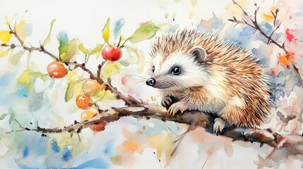 Hedgehogs decorate autumn tree with watercolors