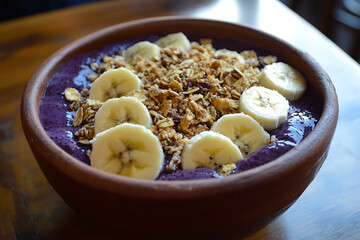 A bowl of smoothie topped with banana slices and granola.