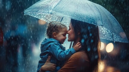 Sticker - A mother and child share a tender moment under an umbrella in the rain.