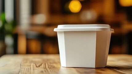 A plain white takeout container sits on a wooden table in a cozy indoor setting.