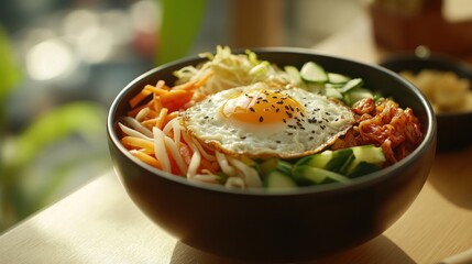 Wall Mural - A vibrant bowl of bibimbap featuring vegetables, a fried egg, and kimchi.