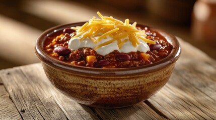 Wall Mural - A bowl of chili topped with cheese and sour cream, served on a rustic wooden surface.