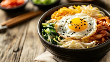 Wall Mural - A colorful bowl of bibimbap topped with a fried egg, showcasing various vegetables and flavors.