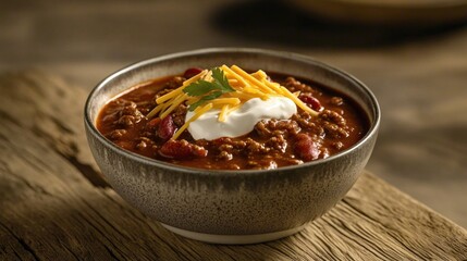 Poster - A bowl of chili topped with cheese, sour cream, and cilantro, served on a rustic wooden surface.