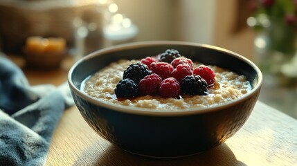 Wall Mural - A bowl of oatmeal topped with raspberries and blackberries, set in a cozy environment.