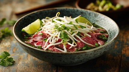 Sticker - A bowl of pho with beef, bean sprouts, lime, and herbs, showcasing a delicious Vietnamese dish.