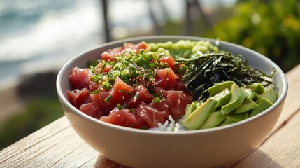 Canvas Print - A vibrant poke bowl featuring fresh tuna, avocado, seaweed, and rice against a scenic backdrop.