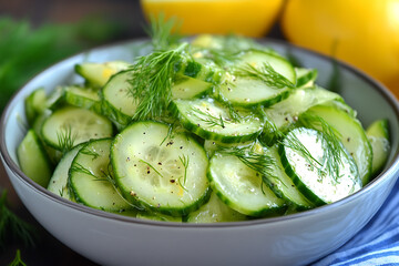 Canvas Print - A fresh cucumber salad garnished with dill, served in a bowl.