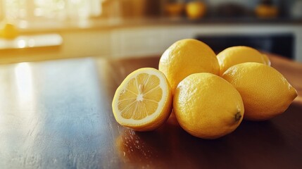 Fresh lemons on a wooden surface, with one lemon sliced open.