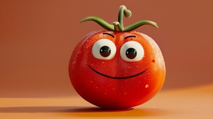 Smiling Tomato with Water Droplets on Orange Background