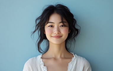 Serene Asian Woman Smiling Softly in Sunlight on Blue Background