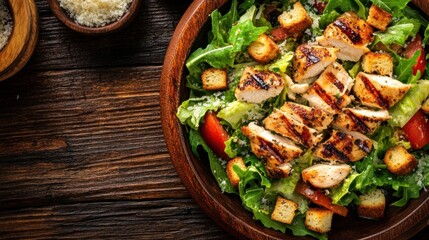 Poster - A delicious salad topped with grilled chicken, croutons, and fresh vegetables in a wooden bowl.