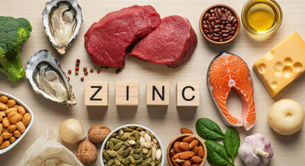 Wall Mural - Food zinc nutrition composition with vegetables meat nuts and fish for healthy diet