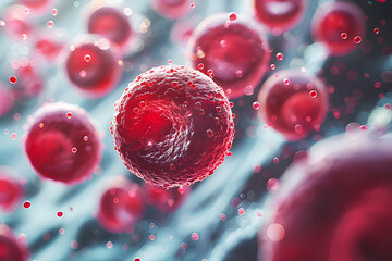 Close up by microscope of Red blood cells flowing in vessel (Erythrocyte) medical science blur background. Electron microscope image of human red blood cell. Made up of iron atoms attached to oxygen.