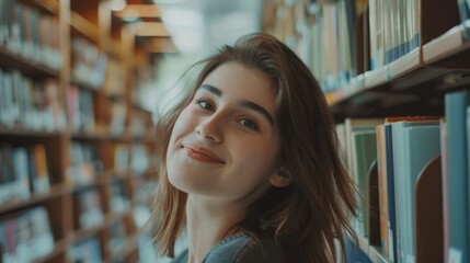 Canvas Print - A young woman standing in front of a bookshelf, surrounded by books and shelves