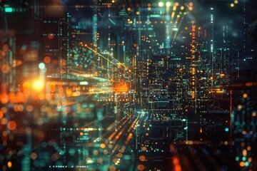 Poster - A city scene at night with many lights and buildings