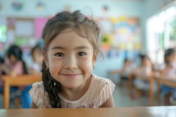 Wall Mural - A young student sits at a table in a traditional classroom setting, surrounded by books and educational materials