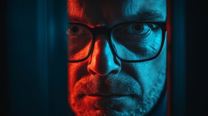 Sticker - A man with glasses is looking at the camera in a dark room